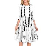 Abendkleid Damen 3/4 Ärmel Rundhals Patchwork Muster A Linie Midikleid Hohe Taille Schleife Fließender Partykleid Weiche Lockerer Elegantes Festliches Party Cocktailkleid(Weiß,XXL)