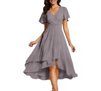 Abendkleid Damen Chiffon Rüschenärmel Hochzeitsgastkleid Elegant V-Ausschnitt Cocktailkleid Kurzarm Partykleid Lang Kleider A-Linie Freizeitkleid Sommer Midikleid