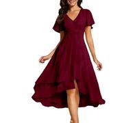 Abendkleid Damen Chiffon Rüschenärmel Hochzeitsgastkleid Elegant V-Ausschnitt Cocktailkleid Kurzarm Partykleid Lang Kleider A-Linie Freizeitkleid Sommer Midikleid