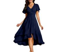 Abendkleid Damen Chiffon Rüschenärmel Hochzeitsgastkleid Elegant V-Ausschnitt Cocktailkleid Kurzarm Partykleid Lang Kleider A-Linie Freizeitkleid Sommer Midikleid