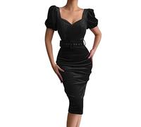 Abendkleid Damen Elegant Satinkleid Damen Midi V-Ausschnitt Ballkleider Damen Partykleid Damen Sexy Wickelkleid Damen Hochzeit Bubble Kurzärmel Cocktailkleid Große Größen Silvester Kleid Damen Curvy