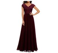 Abendkleid Damen, Elegante Kleider Maxikleid Hochzeitsgast Spitze V-Ausschnitt Brautjungfernkleider Ballkleid Bodenlang Langarm Cocktailkleid Trendyol Damen Kleid Sexy Für Party (Wein,L)