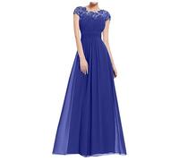 Abendkleid Damen Elegantes Floraler Spitze Patchwork Cocktailkleid Rundhals Mittleren Ärmeln Ballkleid Bodenlanges langes Maxikleid Partykleid mit Rüschensaum Einfarbig Brautkleid Hochzeitskleid