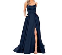 Abendkleid Damen Lang - Elegantes Ballkleid für Hochzeit, Jugendweihe & Abiball Satin Kleid mit A-Linie, Lange Brautjungfernkleider & Hochzeitsgast Kleider,017 Marine,M