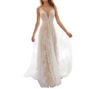 Abendkleid Damen Lang, Hochzeitskleid Damen Spitzen V-Ausschnitt,Kleider Damen Festlich Elegant Brautkleid Brautjungfernkleider Abendkleider Elegant Hochzeit Gast Ballkleid Partykleid für Fauen