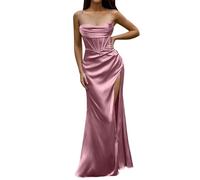 Abendkleid Damen Lang - Maxikleid Damen Trägerkleid, Rückenfreies Kleider Damen Sexy Korsett Satinkleid mit Schlitz Spaghetti Seidensticker Abendkleider Elegant Ballkleid Partykleid Abiballkleider
