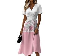 Abendkleid Damen Lang, Maxikleid Sommerkleid Leicht A Linie Midikleid Sommerkleider Elegant Luftig Freizeitkleid Wickelkleid V Ausschnitt Kurzarm Sommer Kleid (1-Hell-Pink, XL)