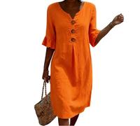Abendkleid Damen Lang, Maxikleid Sommerkleider Leicht Und Luftig Vintage Einfarbige Linenkleid Midikleid V-Ausschnitt Halbarm Sommer Kleid Freizeitkleid Knopf Locker Baumwoll Linen Kleider (Orange, M)