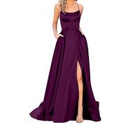 Abendkleid Damen Lang- Spaghettiträger Kleider Damen Ballkleider, Lange Satin Kleid Damen mit Schlitz Taschen Sexy Abendkleider Elegant für Hochzeit Rückenfrei Neckholder Trägekleid Hochzeitskleid