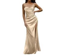 Abendkleid Damen Lange Ballkleider Satin A-Linie Hochzeitskleid Sexy Neckholder Spaghetti Brautkleid Kleider Elegant Prinzessin Brautjungfer Kleid mit Bandeau Wickelkleid Festlich Party Ballkleid