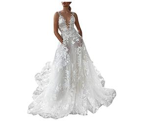 Abendkleid Damen Swing Kleid Elegantes Briskorry V-Ausschnitt Langen Ärmeln Brautkleid Hochzeitskleid Große Größen Prinzessin Spitze Tüll A-Linie Lang Brautkleider Glitzer Sexy Cocktailkleid Ballkleid