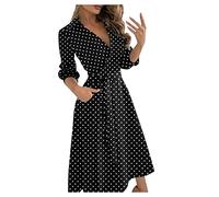 Abendkleid Elegantes langes schwarzes Kleid für Damen, Wickelkleid, Lange Ärmel, plissierter Saum, Swing-Kragen, Gürtel, Partykleid Schwarzer Tupfen M EU 36