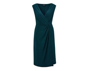 Abendkleid GOLDNER "Cocktailkleid mit Raffungen", Damen, Gr. 52, N-Gr, grün (smaragdgrün), Obermaterial: 95% Polyester PES. 5% Elasthan EL., festlich, V-Ausschnitt, Ohne Arm, Kleider Abendkleid, Knöpf