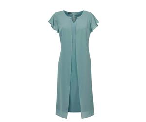 Abendkleid GOLDNER "Kurzgröße Etuikleid mit Chiffonüberwurf", Damen, Gr. 20, K-Gr, grün (thymian), Obermaterial: 96% Polyester PES. 4% Elasthan EL., festlich, figurumspielend, U-Boot-Ausschnitt, Halba