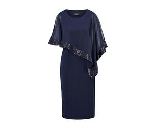 Abendkleid GOLDNER "Kurzgröße Kleid mit raffiniertem Chiffonüberwurf", Damen, Gr. 20, K-Gr, blau (mitternachtsblau), Obermaterial: 96% Polyester PES. 4% Elasthan EL., festlich, figurumspielend, U-Boot