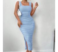 Abendkleid; Körperbetontes Kleid mit geraffter Teilung am Oberschenkel und Mesh-Überlagerung, Pastellfarbene Kleider für Frauen