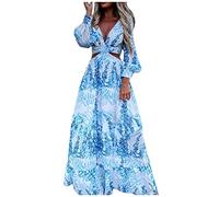 Abendkleid Lang Weißes Kleid Boho Weiß Elegant Drucken Hollow Out V-Ausschnitt Kleider Langarm Rüschen A-Linie Swing Hohe Taille Bohokleid Wrapped(Hellblau,M)