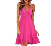 Abendkleid Mit Schlitz,1920 Kleider Damen Moderne Abendkleider ße Größ Abendkleid Schulterfrei Sommer Wrap V-Ausschnitt Verstellbare Spaghetti Träger Brust Falten Casual Rüschen (Heißes Rosa,S)