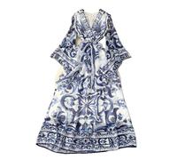 Abendkleid - Palaststil Lange Trompetenärmel V-Ausschnitt Taille A-Linie Blau-Weiß Porzellan-Druckkleid, Elegantes A-Linien-Ballkleid Mit Hoher Taille Und Schnürung Und Plissiertem Saum,