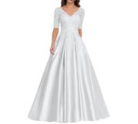 Abendkleid Satin Lang Mutter der Braut Kleider V-Ausschnitt Spitze Applique Ballkleid A-Linie Hochzeitsgast Kleid Weiß 42