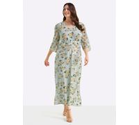 Abendkleid SHEEGO "Abendkleid", Damen, Gr. 50, grün (zartmint, apricot, gemustert), 100% Polyester, geblümt, gemustert, lang, V-Ausschnitt, Kleider Abendkleid (22113126-50) zartmint, apricot, gemuster