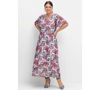 Abendkleid SHEEGO "Abendkleid", Damen, Gr. 50, Normalgrößen, lila (beere, gemustert), 100% Polyester, Futter:100% Polyester, geblümt, gemustert, mehrfarbig, lang, V-Ausschnitt, Kleider Abendkleid (408