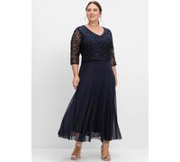 Abendkleid SHEEGO "Abendkleid", Damen, Gr. 52, Normalgrößen, blau (tiefblau), 100% Polyester, Spitze:100% Polyester, unifarben, lang, V-Ausschnitt, Kleider Abendkleid (87728322-52) tiefblau