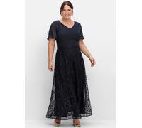 Abendkleid SHEEGO "Abendkleid", Damen, Gr. 52, Normalgrößen, blau (tiefblau), 100% Polyester, Spitze:100% Polyester, unifarben, lang, V-Ausschnitt, Kleider Abendkleid (97664202-52) tiefblau