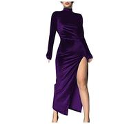 Abendkleid weißes Kleid Samt Split Rollkragen Midi Kleid Vintage Slim Fit Langarm Kleid Winter Party Einfarbig Samtkleid (Lila ， M)