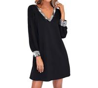 Abendkleider Damen Elegant Glitzer Kleid Damen V-Ausschnitt Pailletten Mesh Langarm Kleider Festlich Silvester Kleid Party Outfit Glitzerkleid Cocktailkleid Abendkleider Minikleid