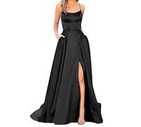 Abendkleider Damen Lang, Ballkleider Damen Elegant,Maxikleid Satin A-Linie Spaghettiträger Kleid Satinkleid Rückenfreies kleider mit Schlitz Trägerkleid Elegant Abiballkleid Knopfleiste Herbstkleid