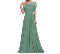 Abendkleider Damen Spitze Lang Mutter der Braut Kleider Chiffon A-Linie Hochzeit Partykleid mit Ärmeln Pastellgrün 38