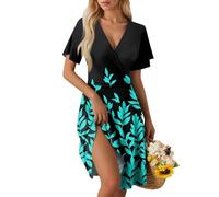 Abendkleider elegant für Hochzeit Curvy Sommerkleid Damen Knielang Kleid Sommer Blumenmuster Elegant Cocktailkleid Blumen Shirtkleid Casual Lässiges Strandkleid Tunikakleid B Turquoise M