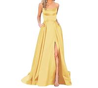 Abendkleider Elegant für Hochzeit Damen Abendkleid Lang Schwarz Rot Grün Sexy Satin Spaghetti Ballkleider Rückenfreies A Linie Festlich Kleid Hochzeitsgast Hochzeitskleider (Gelb, M)