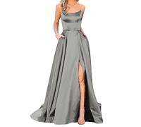Abendkleider Elegant für Hochzeit Damen Abendkleid Lang Schwarz Rot Grün Sexy Satin Spaghetti Ballkleider Rückenfreies A Linie Festlich Kleid Hochzeitsgast Hochzeitskleider (Grau, S)