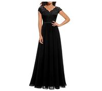 Abendkleider Elegant Für Hochzeit, Damen Kleider Elegant Brautkleider Hochzeitskleider Spitze V-Ausschnitt Brautjungfernkleider Ballkleid Bodenlang Langarm Cocktailkleid Trendyol (Schwarz,L)