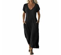 Abendkleider Elegant Für Hochzeit,Damen Sommerkleid Kurzarm Leicht Kleider Strandkleid Maxikleid V Ausschnitt Midikleid Sommerkleider Loose Luftig WickelkleidFreizeitkleid Mit Tasche(Schwarz,XXL)