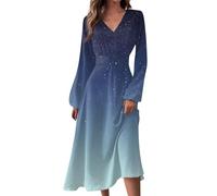 Abendkleider Elegant Für Hochzeit Eiskunstlauf Kleid Minikleid Damen V-Ausschnitt Farbverlauf Abendkleid Langarm Tailliert Tunika Kleid Festlich Hochzeits Gast Kleid Strandkleider (Blau, Xxl)