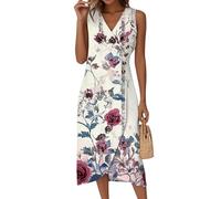 Abendkleider Elegant Für Hochzeit,Sommerkleid Damen Elegant Boho Kleidung Ärmellos V-Ausschnitt Kleider Blumenmuster Wickelkleid A-Linie Midikleid Festlich Sommer Kleid Casual Classic(1-Hell-Pink,XXL)