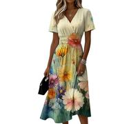 Abendkleider Elegant Für Hochzeit, Sommerkleid Damen Elegant Strandkleid Leicht A Linie Midikleid Sommerkleider Luftig Freizeitkleid Wickelkleid V Ausschnitt Kurzarm Sommer Kleid (1-Khaki, L)