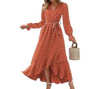 Abendkleider Elegant für Hochzeit, Sommerkleid Damen mit Lang Ärmeln Tunika Fließend Wickelkleid V-Ausschnitt Vokuhila Kleid mit Schlitz Rüschen Saum Strandkleid mit Gürtel 2025 M B Orange