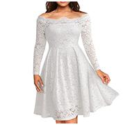 Abendkleider Elegant Für Hochzeit Spitze Langarm Kleid Damen Schulterfrei Vokuhila Abendkleid Festliche Kleider Frauen Knielang A Linie Partykleid Silvester Ballkleid Off Shoulder Brautkleid