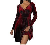 Abendkleider elegant Langarm, Black Friday, Samtkleid Damen Swing A-Line Festliche Glitzer Abendkleider Glitzerkleid Elegant V-Ausschnitt Rotes Samtkleid Winterkleid