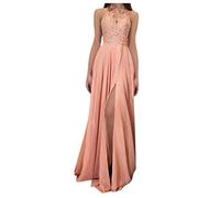 Abendkleider Lang Ballkleider Damen Lang Neckholder Chiffon Spitzen Ärmellos Brautjungfernkleider Bodenlang Abendkleider Elegant Für Hochzeit mit Schlitz Kleid Hochzeitsgast Damen Curvy, Evening Dress