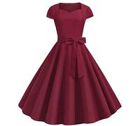 Abendkleider Lang Kleider Damen Sommer Knielang Abendkleider Kurz Kleider Damen Vintage 50Er Jahre Einfarbig V-Ausschnitt Kurzarm Rockabilly A-Line Swing Kleid Mit Gürtel Prom Dress Long (Wein, L)