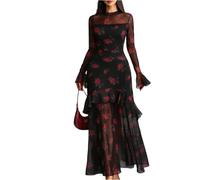 Abendkleider Maxikleid Damen Langarm Blumenmuster Chiffon Faltenkleid Elegant Festliche Kleider Hochzeitsgast Silvester Abendparty L Red