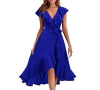 Abendkleider sofort lieferbar lang Kleider Damen Sommer Elegant Damen-Kleid mit V-Ausschnitt kurzen Ärmeln Rüschen und Langer Schnürung Blusenkleid Blau Sommerkleider Knielang