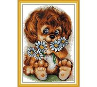 ABEUTY 14ct Kreuzstich Stickpackungen Zählbare Ungestempelt, Hunde Welpen Blumen Stoff ohne Vorgedrucktes Muster Stickerei Set Erwachsene Anfänger