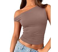 ABINGOO Tank Tops Damen Sexy Ärmellos Schulterfreie Sommer Tops Y2K Slim Fit Basic Crop Top Einfarbig One Shoulder Oberteil(Braun,L)