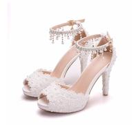 ABJGHYUT 4''Inches Damen Sandalen mit Absatz, weiße Spitze, Brautschuhe, Hochzeitsschuhe, Peep Toe, Plateau-Abendschuhe, Braut-Pumps,Weiß,34